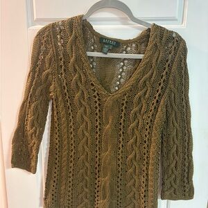 Ralph Lauren Women's V-Neck Cable Knit Sweater in Green